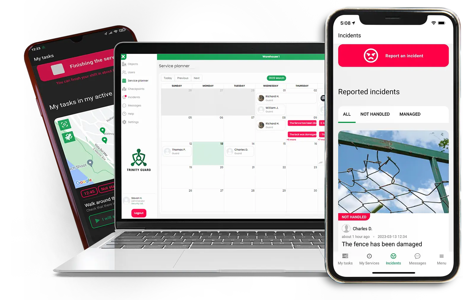 Panel web de Trinity Guard mostrando rondas, incidencias y estado de los guardias en tiempo real.