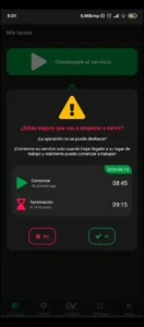 App móvil Trinity Guard solicitando confirmación para iniciar el servicio de patrulla móvil en tiempo real.