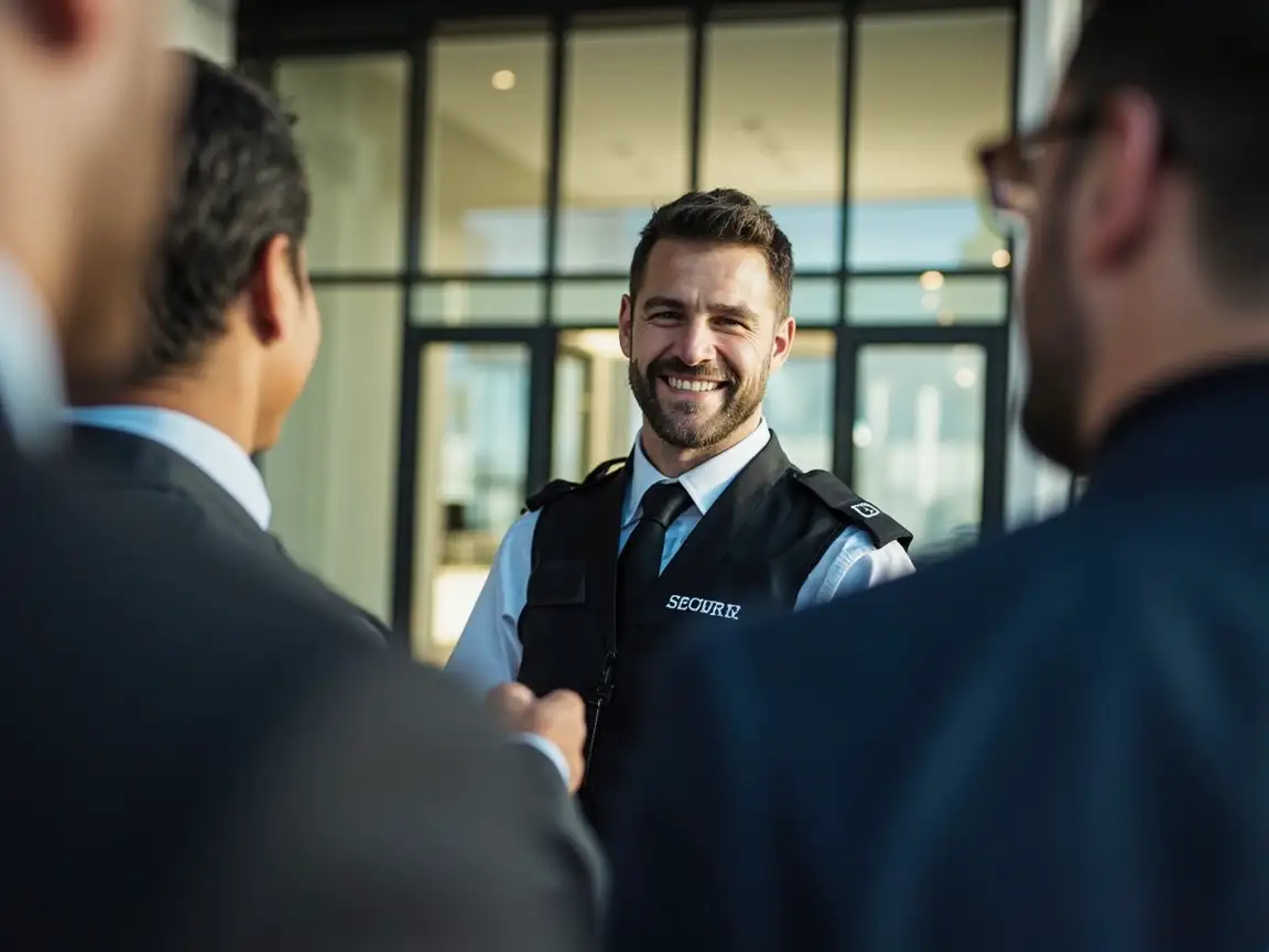 Guardias de seguridad en España utilizando una app móvil de rondas en un polígono industrial al amanecer.