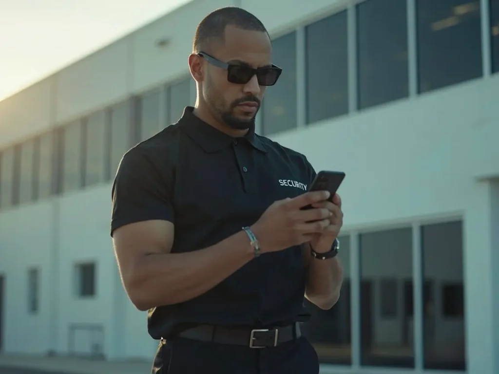 Vigilante de seguridad en España utilizando la app móvil de Control Rondas para registrar una ronda en tiempo real.