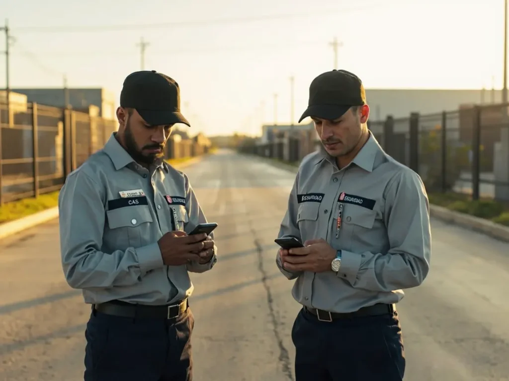 Dos vigilantes de seguridad registrando puntos de control con la app de Control Rondas en una zona industrial.