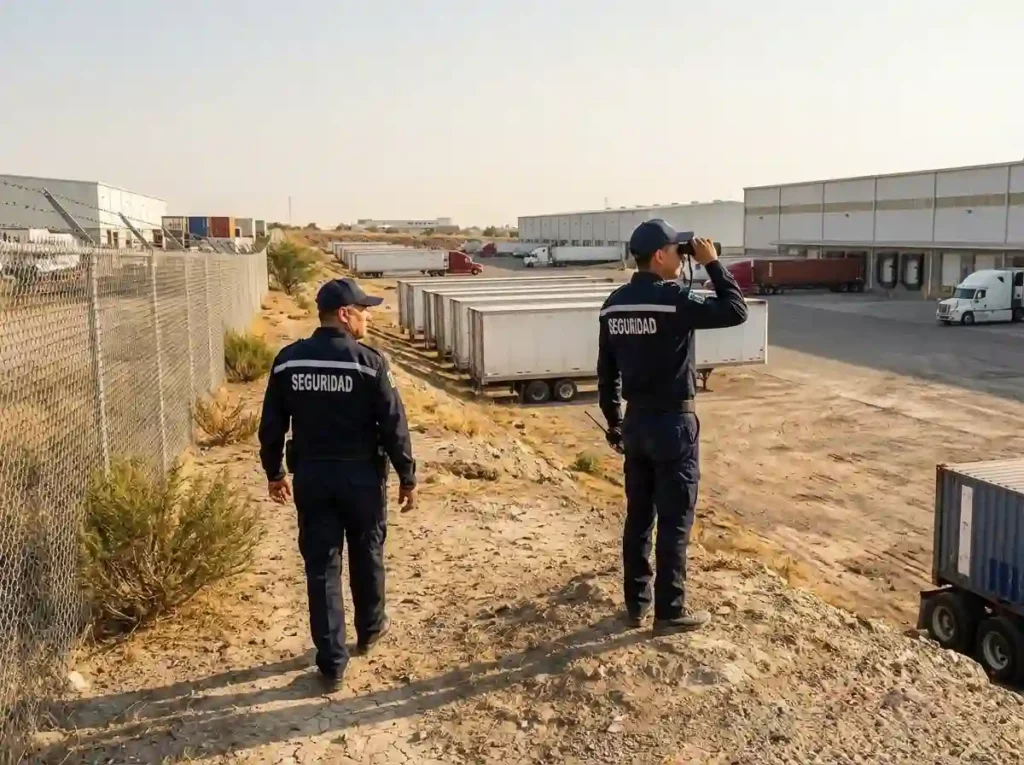 Dos vigilantes de seguridad privada realizando tareas de supervisión y control de rondas en un entorno industrial exterior.