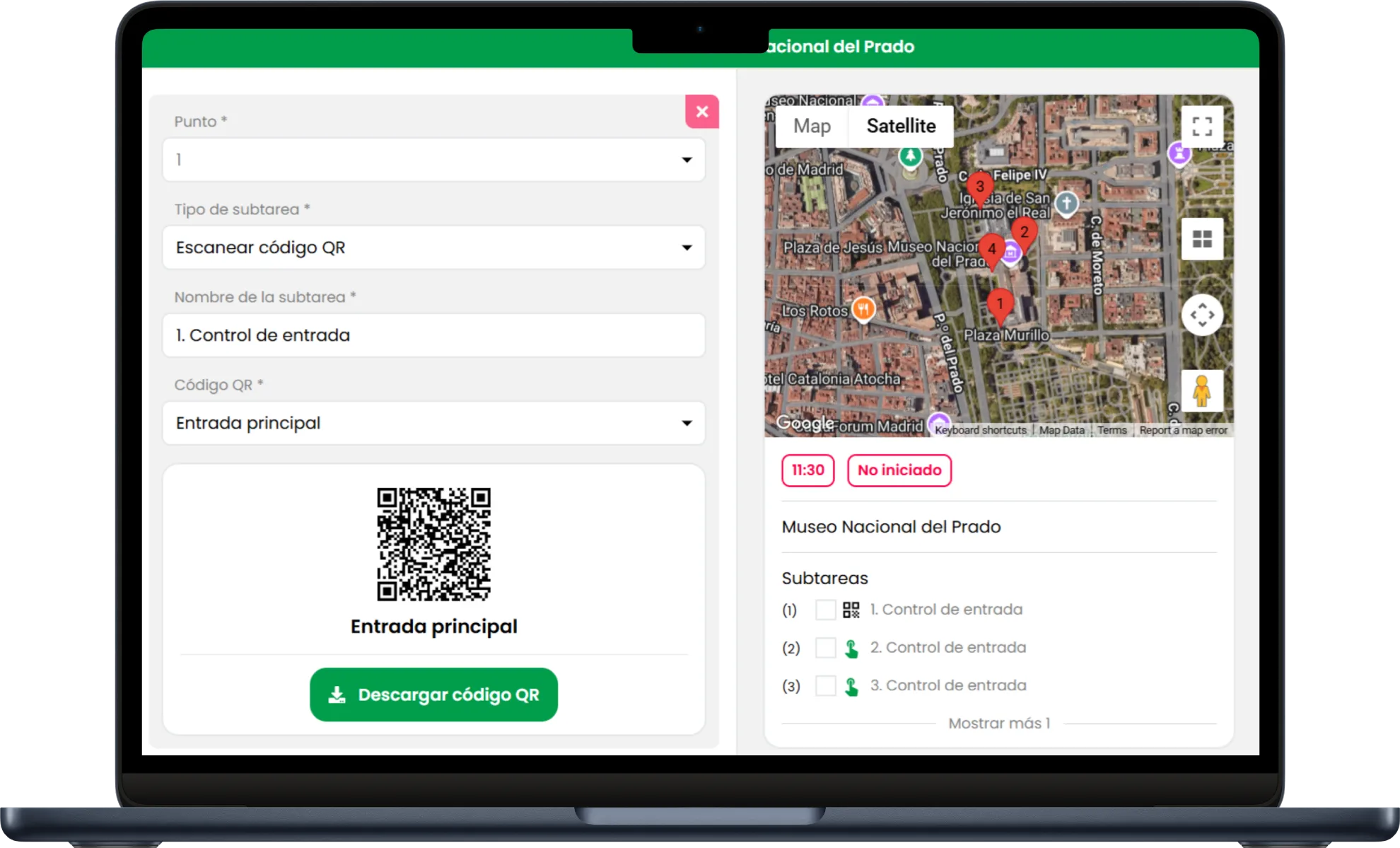 Panel de control del sistema de gestión de rondas Trinity Guard con QR y GPS