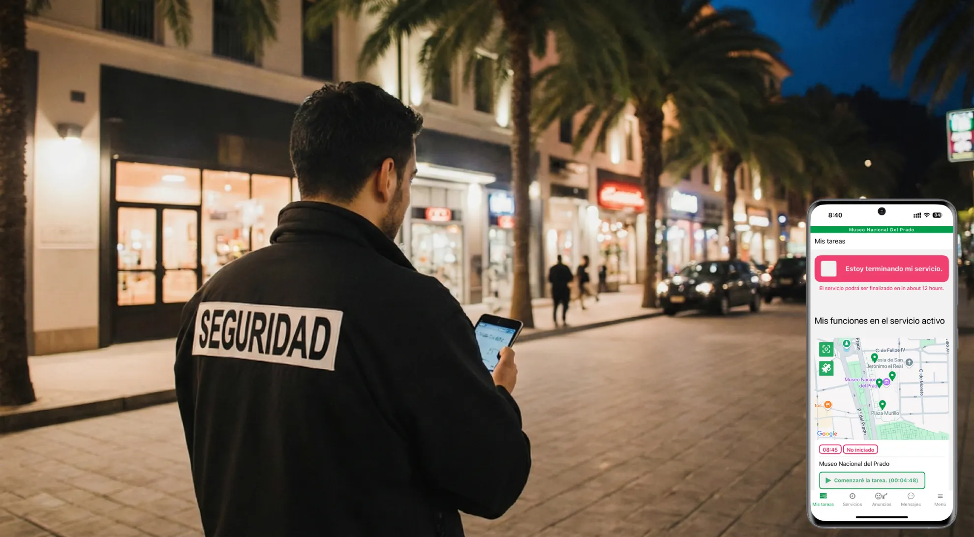 Vigilante de seguridad realizando una ronda con app de control de rondas